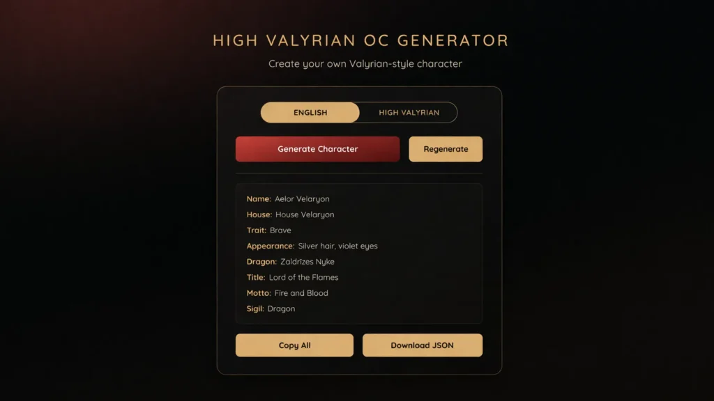Valyrian OC Generator – Create Custom Game of Thrones Characters 1 High Valyrian character generator UI